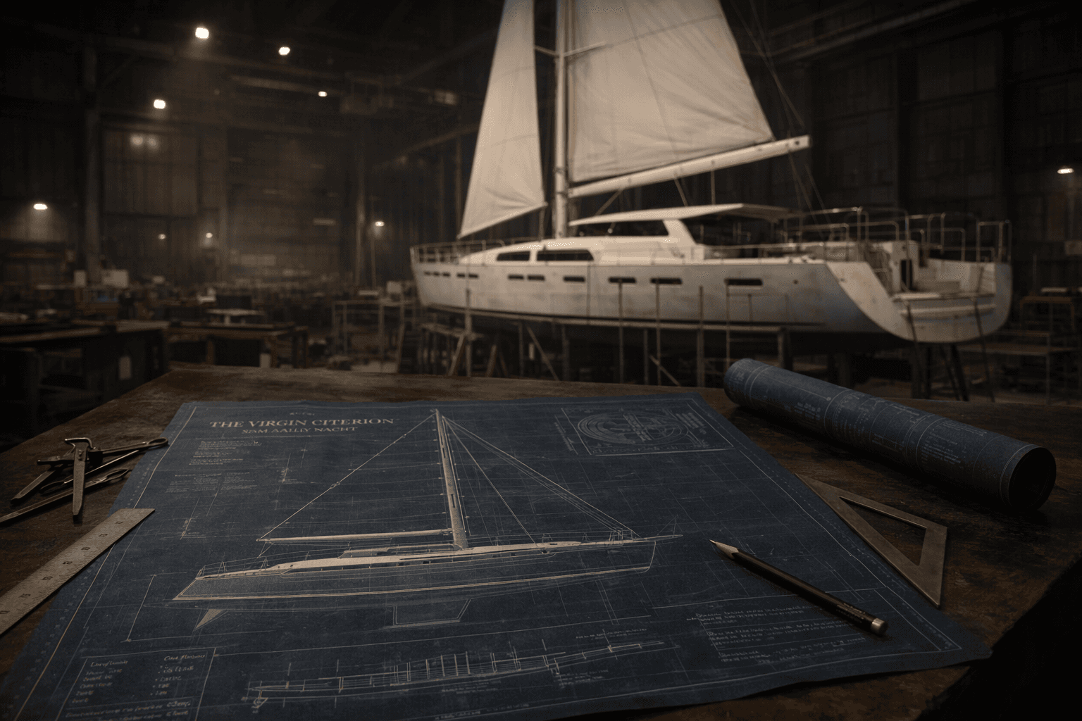 A yacht blueprint on a drafting table with a modern sailing yacht under construction in the background.