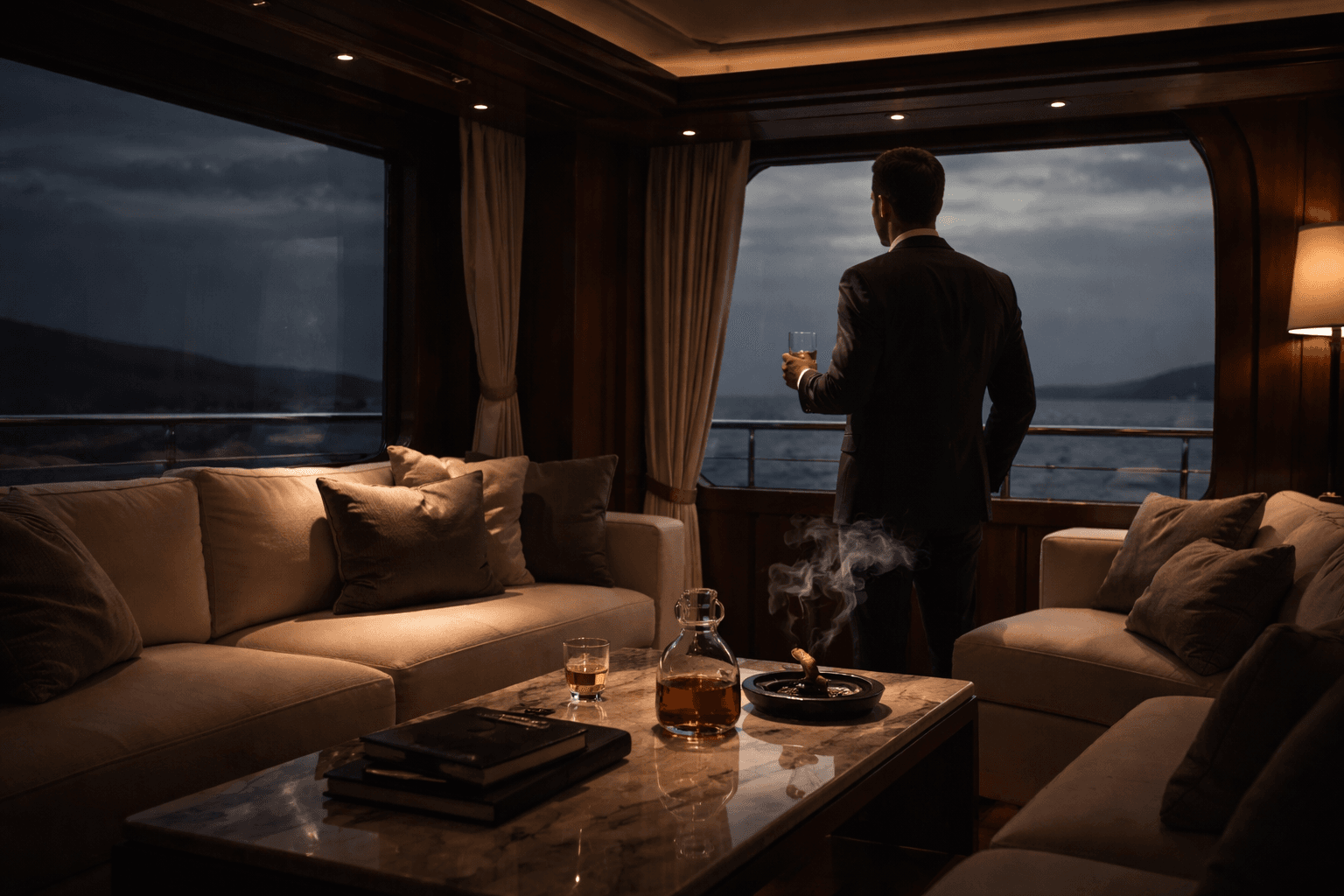 Dimly lit wood interior with directional light and a book resting on the table