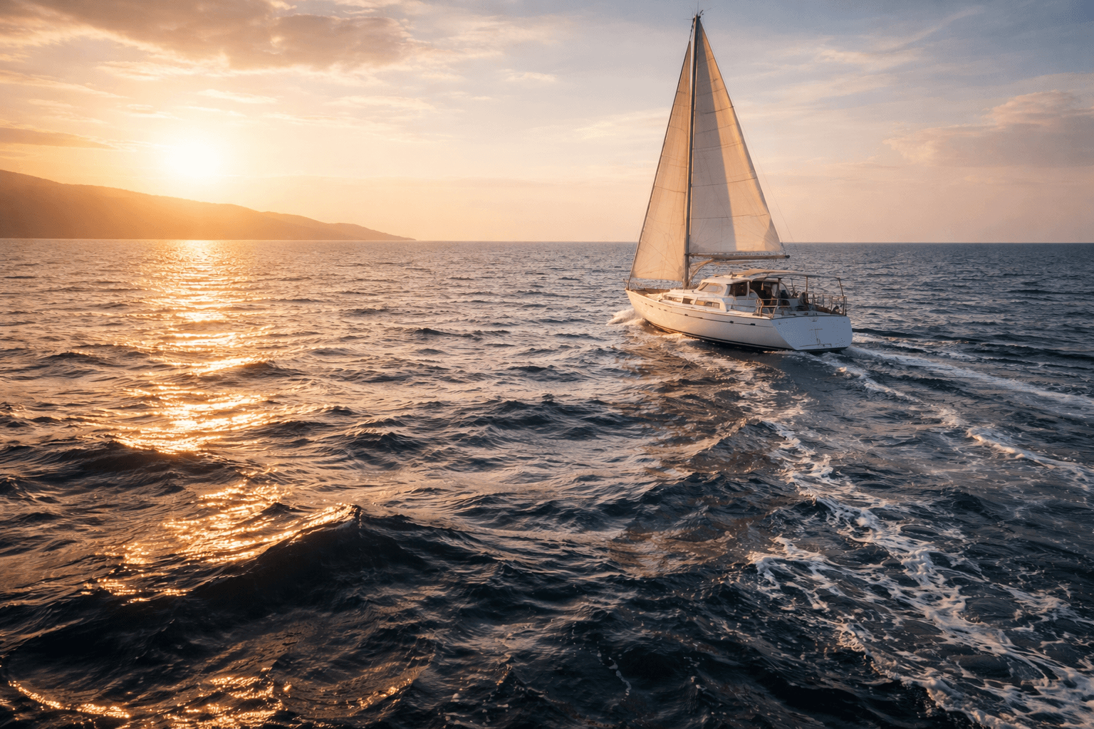 A solitary sailing yacht on open water under warm evening light.