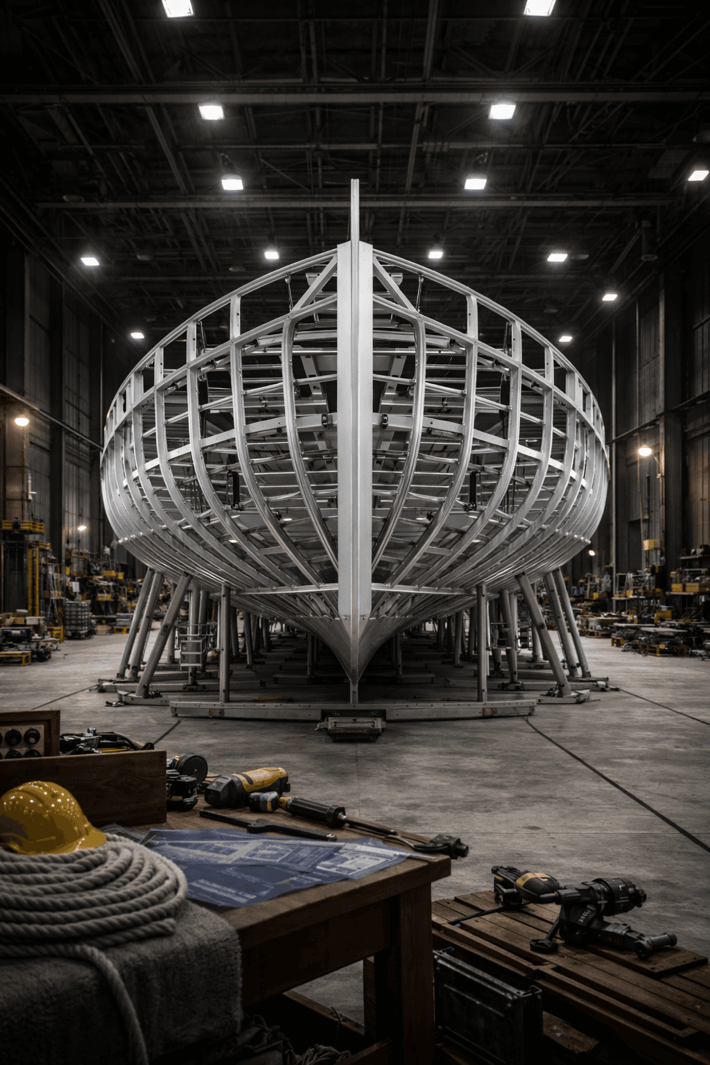The exposed structural framework of a modern sailing yacht in a shipyard, viewed head-on.